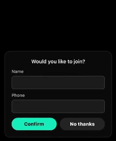 An engagement prompt asking the viewer to join, with name and phone fields